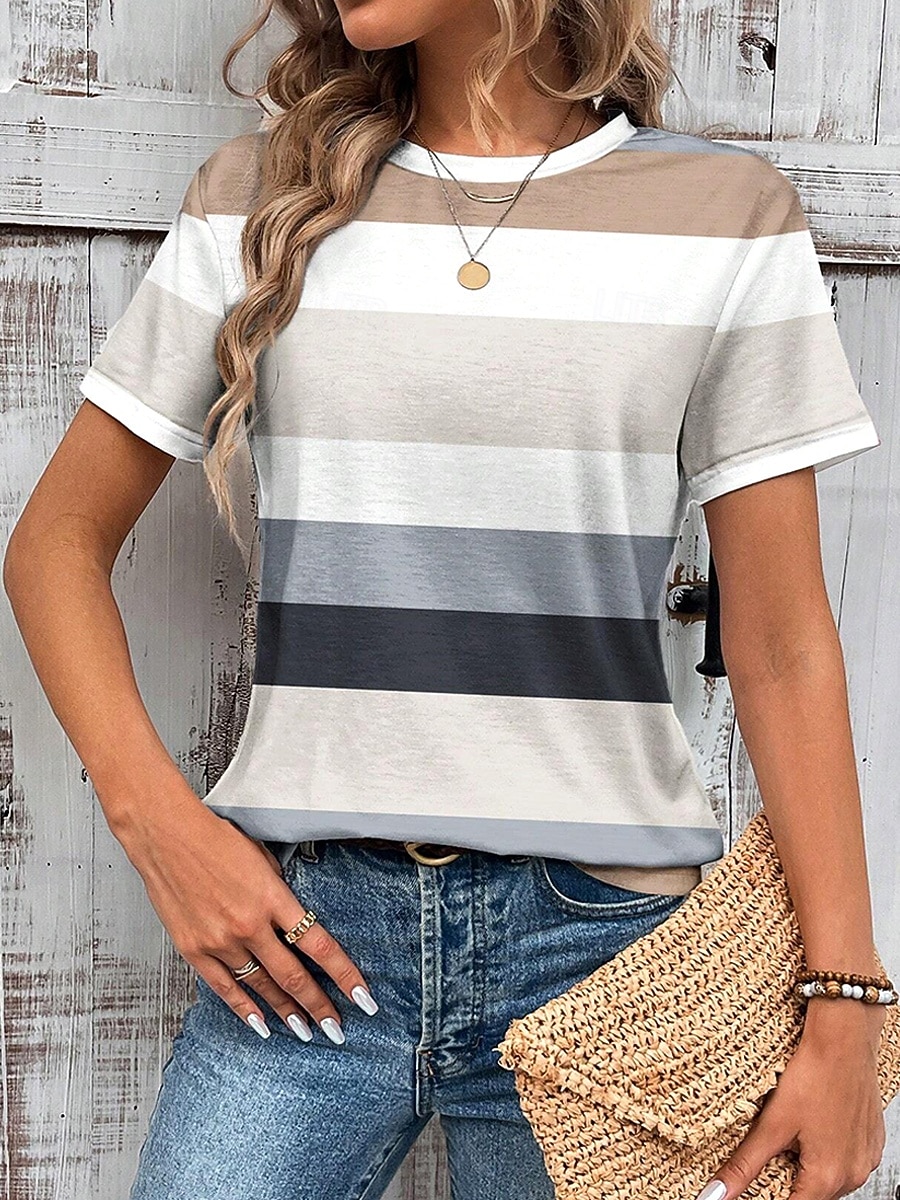 Damen T Shirt Druck Grafik Geometrisch Gestreift Vintage Stilvoll Klassisch Kurzarm Rundhalsausschnitt Rundhals Normale Oberteile Täglich Gras-Grün Khaki Sommer Frühling 2026 - $22.99 –P1