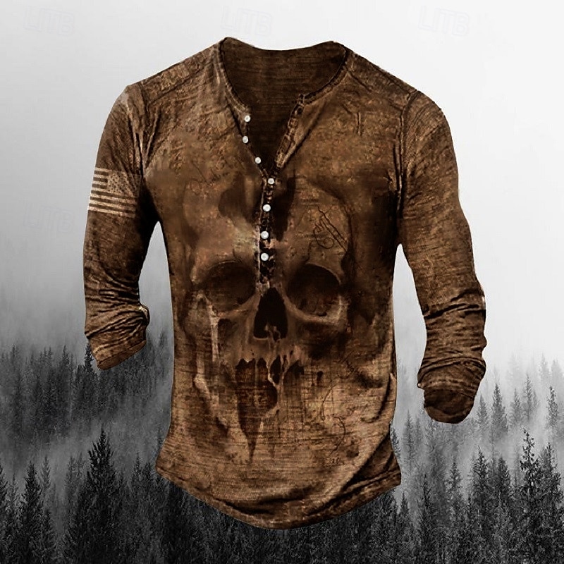 Men's T shirt Tee Henley Shirt Graphic Skull Henley Army Green Brown Khaki Gray Plus Size Street Casual Long Sleeve Button-Down Print Clothing Apparel Stylish Retro Vintage Basic 2025 - $23.99 –P3