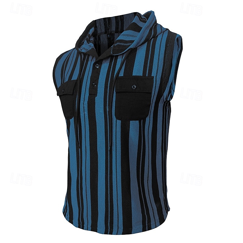 Herr Linne Undertröjor Ärmlös tröja Ärmlös Huva Sommar Randig Mode Designer Grundläggande Ficka Semester Gata Utekväll Svart Blå Mörkblå Topp t-shirt för män 2025 - $30.99 –P12