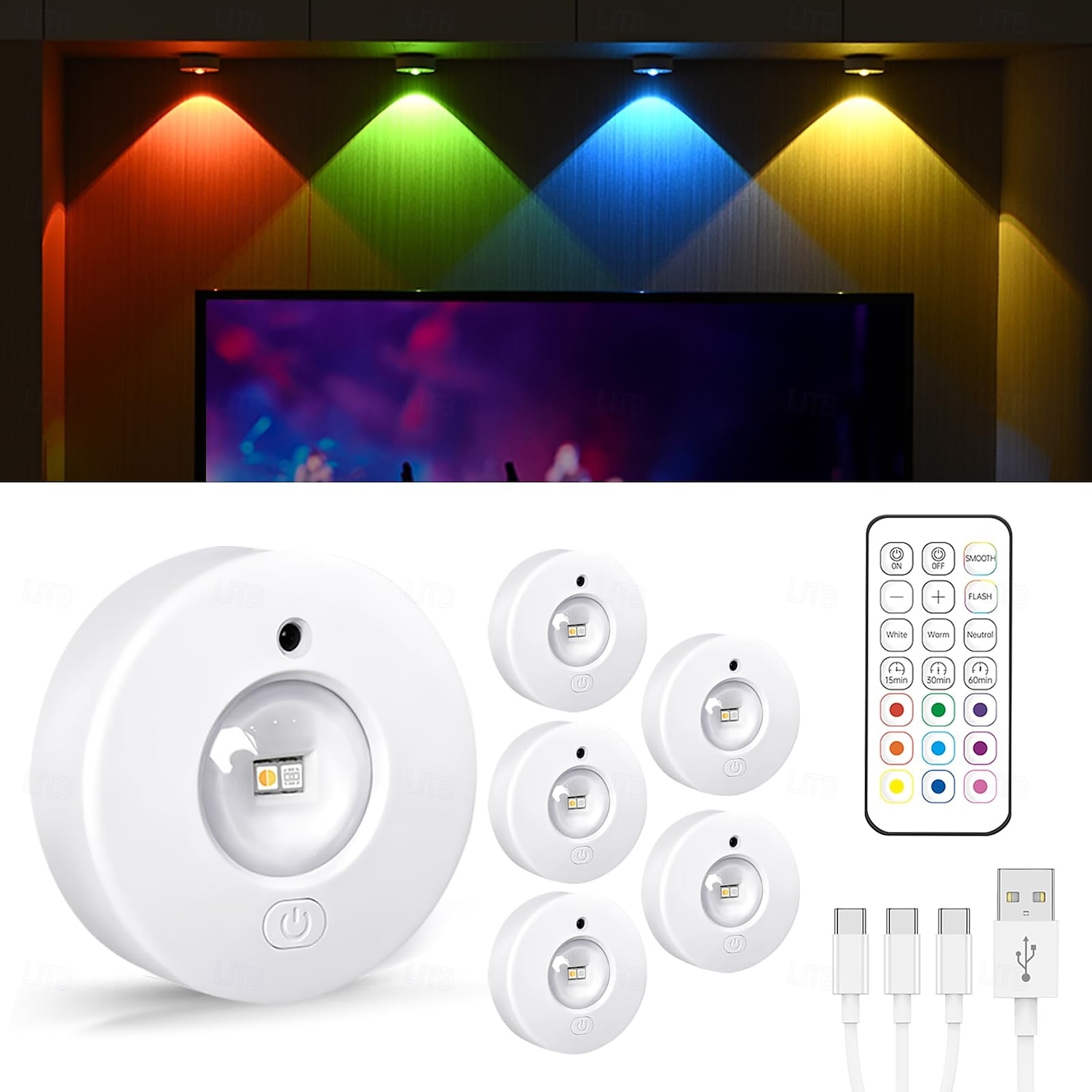 1 Pc RGB dimmable rechargeable magnetic spotlight cabinet light wardrobe wine cabinet light mural light wiring free remote control control cat eye light ice hockey light dimmable timer 2025 - $8.49 –P8