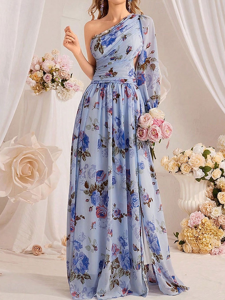 Brautjungfernkleider A-Linie Ein-Schulter Langarm Bodenlang Chiffon Brautkleider Mit Falten Floralprint 2025 - $79.99 –P2