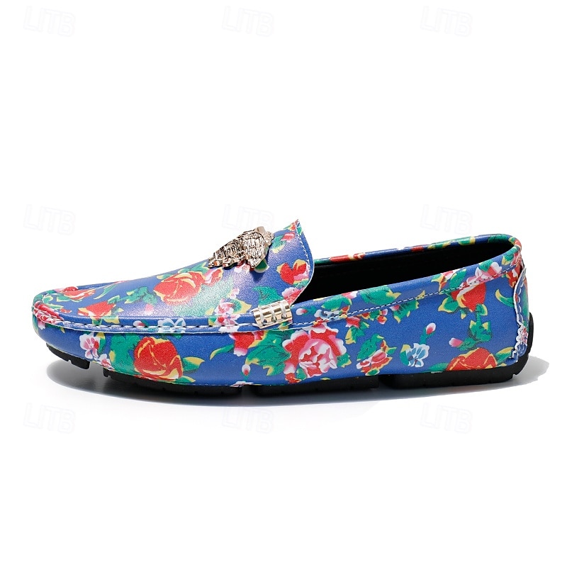 Blaue Slipper für Herren mit Blumenmuster und Löwenkopf-Dekoration, stylische Mokassins, ideal für Freizeitausflüge, als Freizeitkleidung und für erholsame Ferien 2025 - $46.99 –P1
