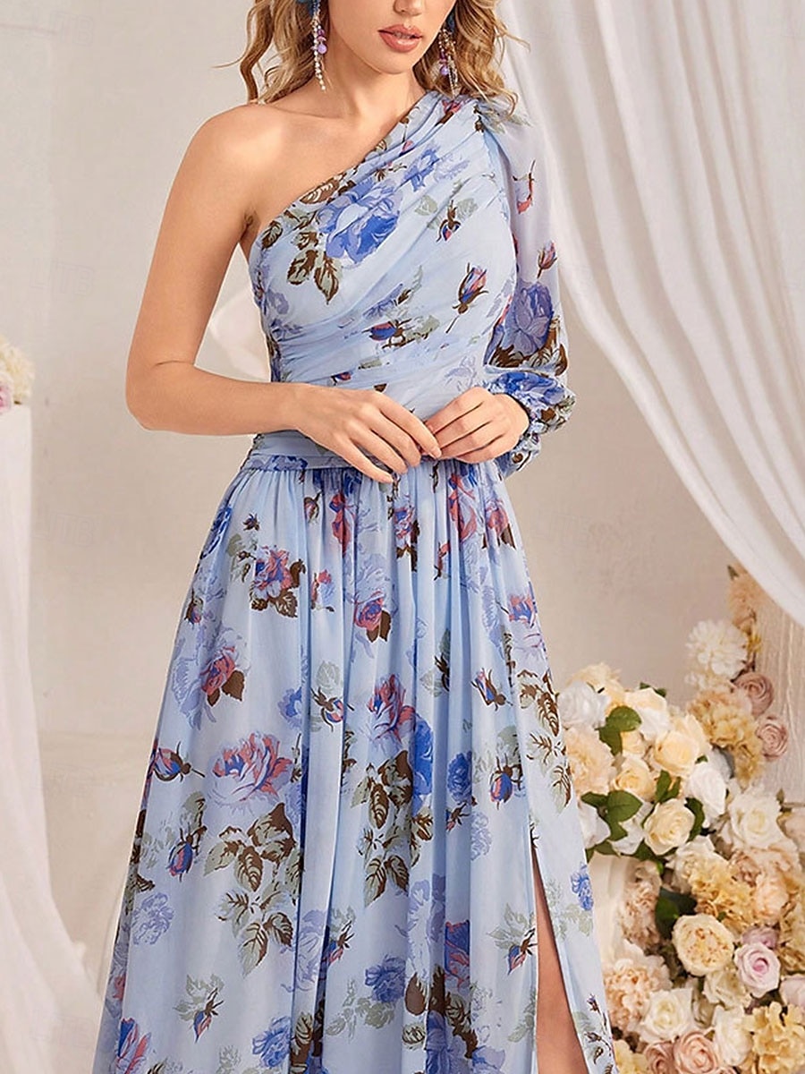 Brautjungfernkleider A-Linie Ein-Schulter Langarm Bodenlang Chiffon Brautkleider Mit Falten Floralprint 2025 - $79.99 –P5