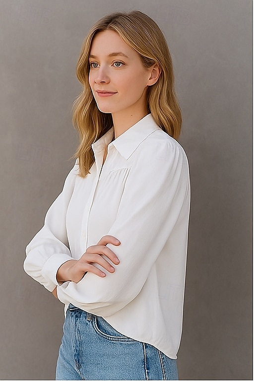 Women's Shirt Plain Basic Modern Long Sleeve Shirt Collar Regular Tops Daily Holiday Buttons White Summer 2025 - $14.99 –P2