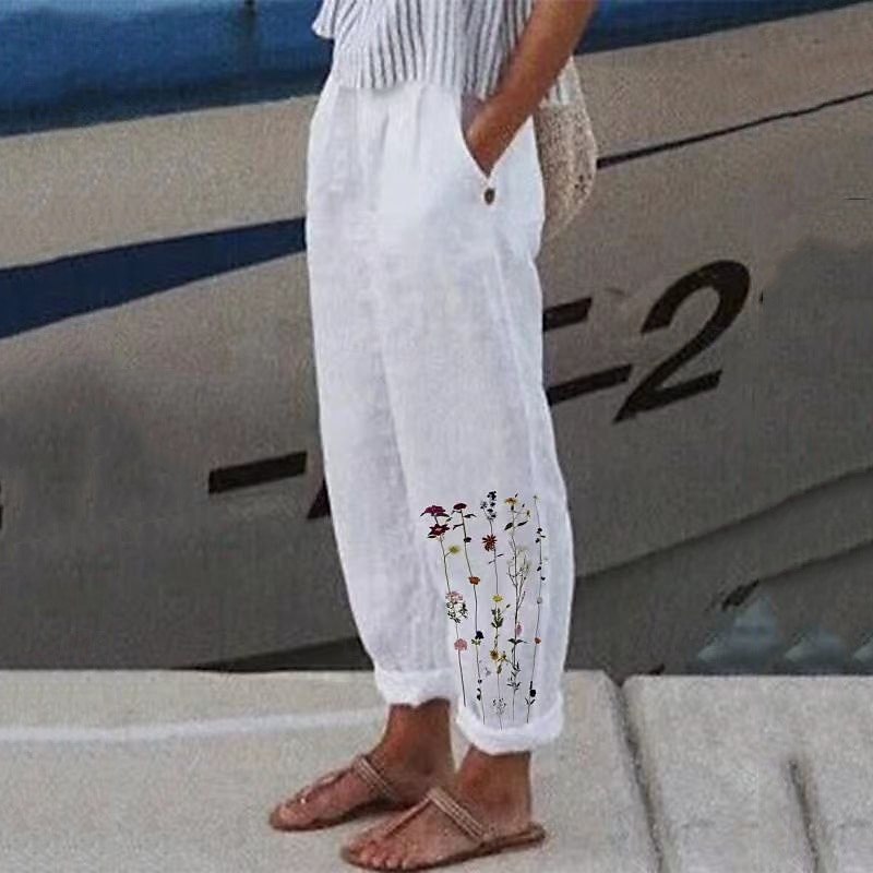 Women's Cotton Linen Pants Palazzo Pants Fashion Streetwear Comfort Ankle-Length Mid Waist Flower / Floral Pocket Elastic Waist Comfy Outdoor Comfortable Street Daily Wear Going out Cold White White 2025 - $27.99 –P2