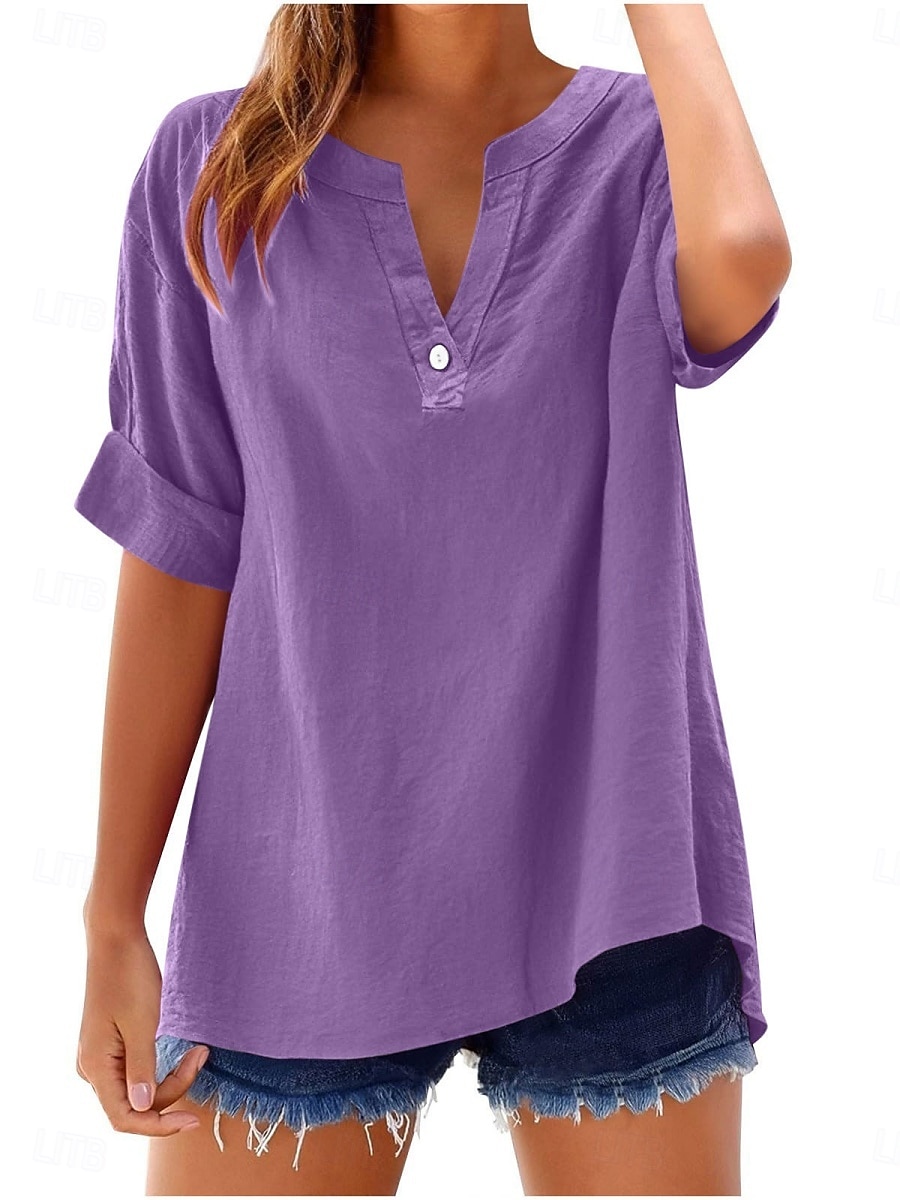 Dames Blouse Effen Basic Casual Korte mouw Gekerfde nek Normale tops Dagelijks Knop Zak Rood blauw Paars Beige Zomer Lente 2025 - $19.99 –P5