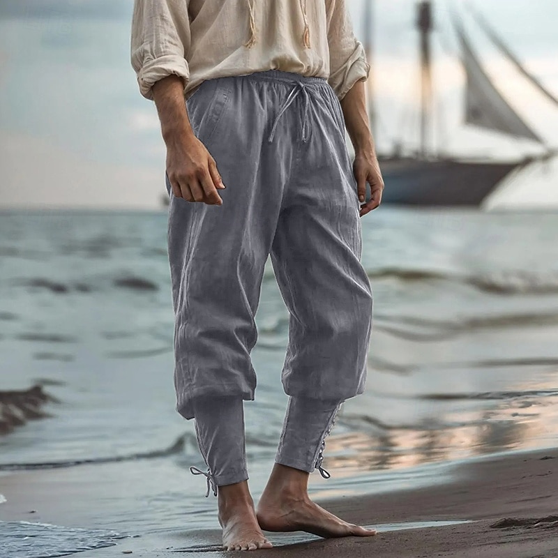 Hombre Pantalones de lino Pantalones Pantalones de verano Pantalones de playa Bolsillo Cintura elástica Cordón de la pierna Plano Comodidad Transpirable Longitud total Exterior Diario Festivos 2025 - $21.99 –P5