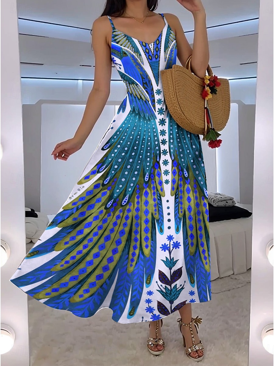 Damen Maxikleid A Linie Kleid Unterkleid Urlaub Lässig Boho Ausgehen Strand Normale Passform Blumen Grafik Feder Ärmellos V Ausschnitt Blau Orange Grün Rosa Sommer Frühling 2025 - $34.99 –P2