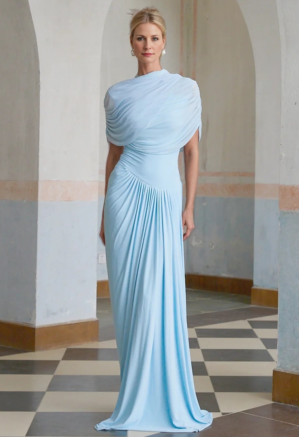 Robe de soirée colonne Bébé Robe élégante Robe formelle Invité de mariage Longueur sol Manches courtes Col haut Spandex avec châle drapé de 2025 ? $129.99 –P1