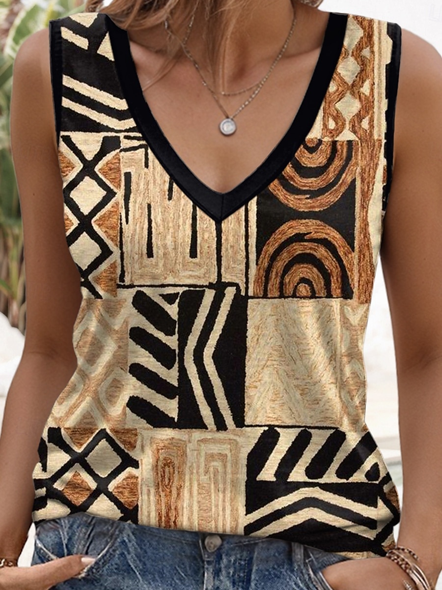 Damen Tanktop mit Spaghetti-Trägern Grafik Geometrisch Lässig Ärmellos V-Ausschnitt Reguläre Tops Print Braun Sommer Frühling 2025 - $17.99 –P3