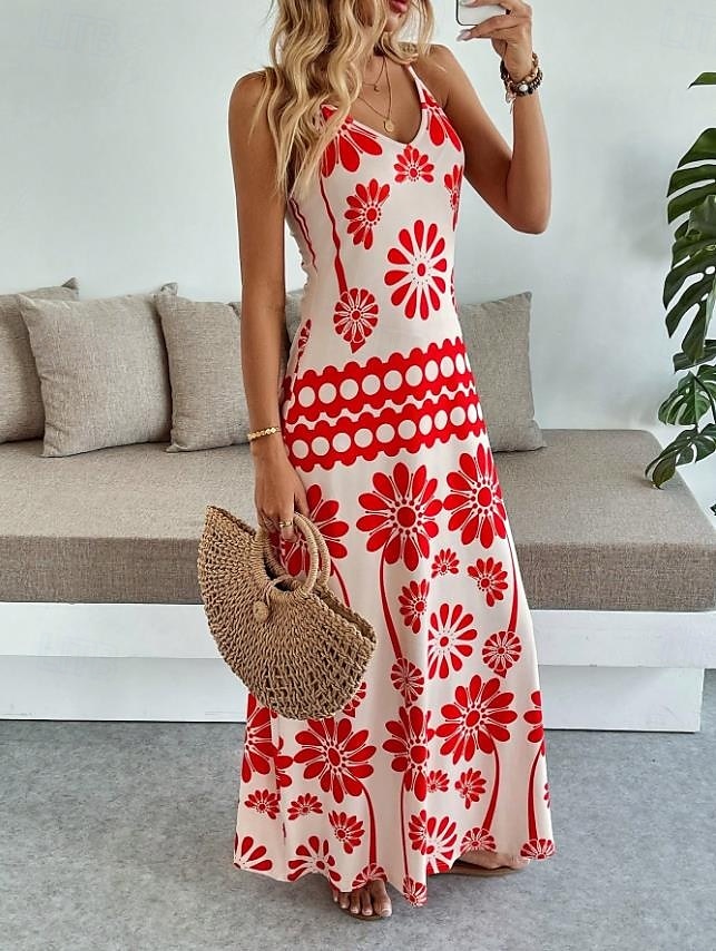 Női Maxiruha A vonalú ruha Slip ruha Szabadság Alkalmi Boho Parti Alkalmi Standard Virágos Grafika Ujjatlan V-alakú Narancssárga piros Fekete Medence Lóhere Nyár Tavasz 2025 - $31.99 –P1