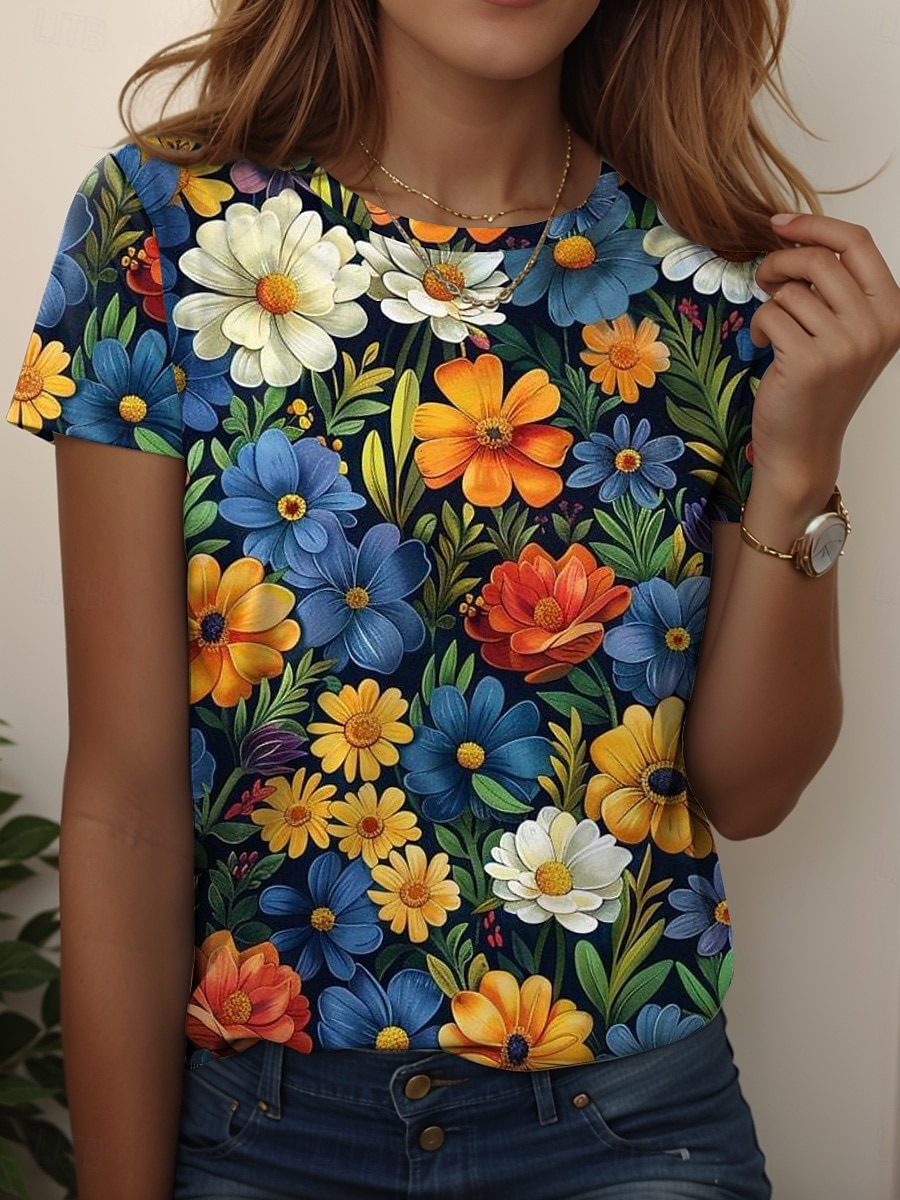 Dame T skjorte Blomstret Grafisk Planter Årgang Stilfull Klassisk Kortermet Crew-hals Rund hals Vanlige topper Daglig Helg Ferieklær Trykt mønster Hvit Blå Lilla Grønn Sommer 2025 - $19.99 –P5