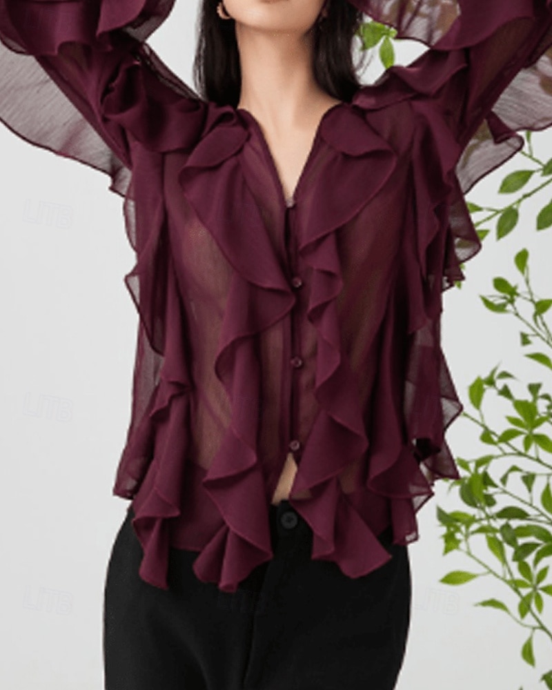 Femmes Chemise Chemisier Uni Élégant Moderne manche longue Col en V Hauts Réguliers Fête Sortir Superposé Vin Été de 2025 ? $34.99 –P3