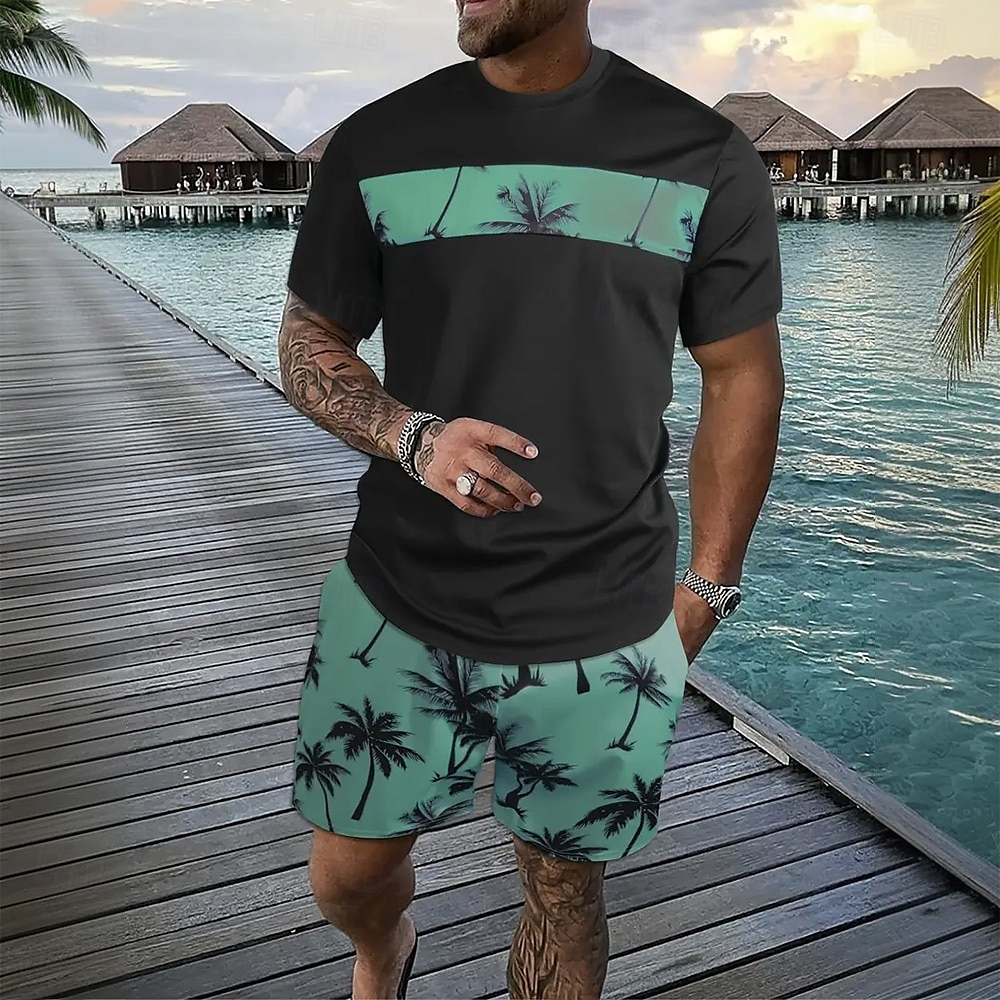 Herr Palmträd 2st T-shirts uppsättningar Summer Tops Kortärmad Korta byxor Rund hals Ledigt Tillflykt Ledigt Utekväll Semesterkläder 3D-utskrift Sommar Blå Rodnande Rosa Grön 2025 - $25.99 –P6