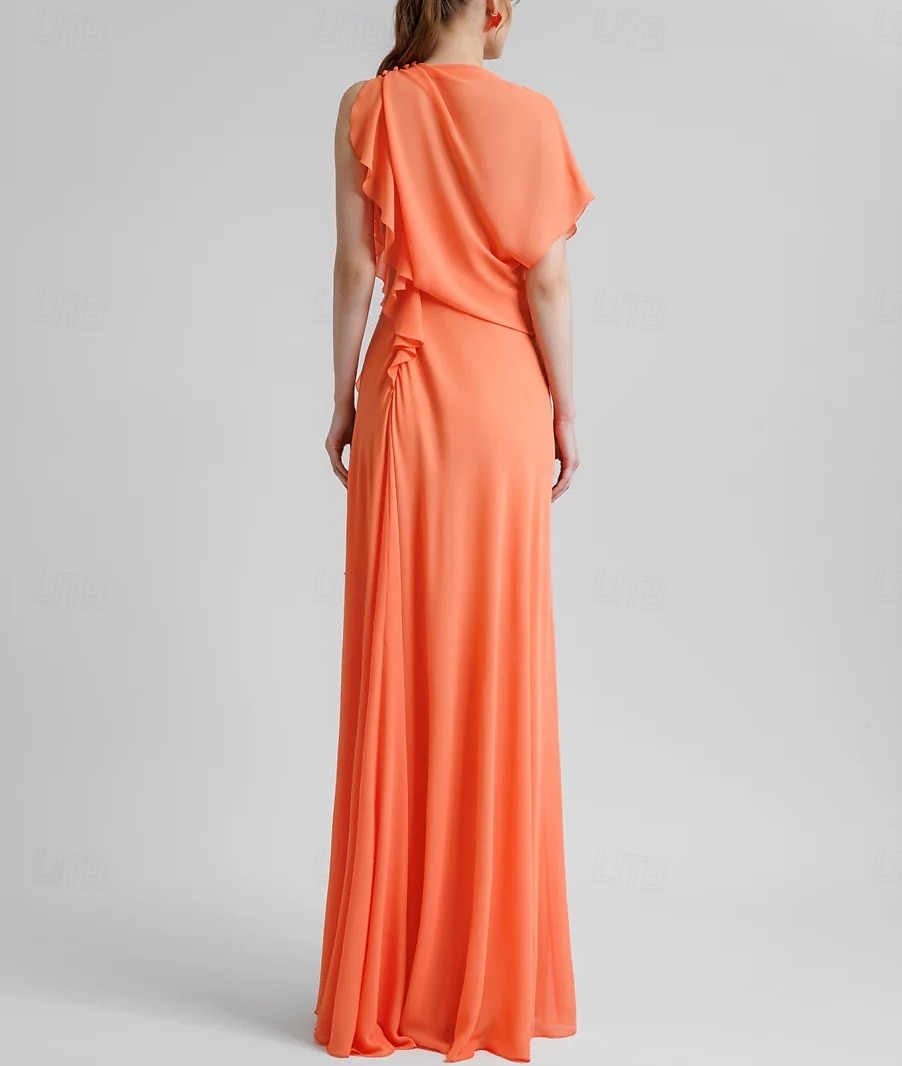 Robe de cocktail jaune élégante en crêpe extensible à volants froncés, longueur au sol, manches 3/4, col en V, pour invité de mariage, 2025 de 2025 ? $109.99 –P2
