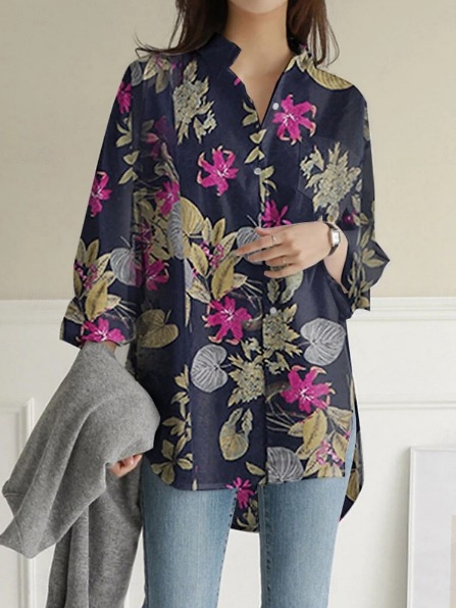 Per donna Camicia Floreale Elegante Moderno Casual Manica Lunga Collo a V Top Regolari Quotidiano Stampato Blu marino Viola Cachi Estate del 2025 a $22.99 –P4
