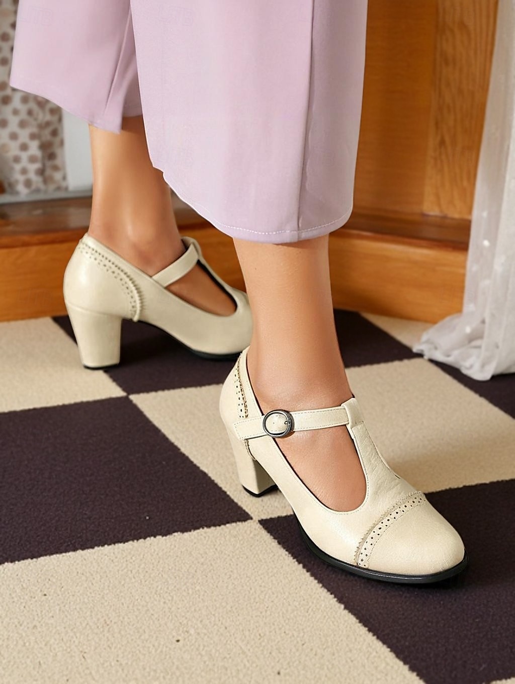 Crèmekleurige Mary Jane pumps met T-bandjes en brogue-details voor dames – schoenen met hak in vintage stijl uit de jaren 30 voor feesten, bruiloften en retro-outfits 2026 - $54.99 –P3