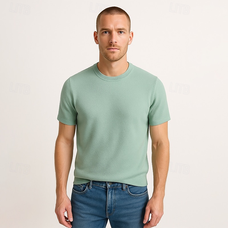 męska jedwabna bawełniana mieszanka lyocellu t-shirt krótki rękaw okrągły dekolt lato gładki żakard elegancki klasyczny okrągły dekolt minimalistyczny wakacje dom bawełna czarny niebieski granatowy top koszulka męska 2025 - $46.99 –P15