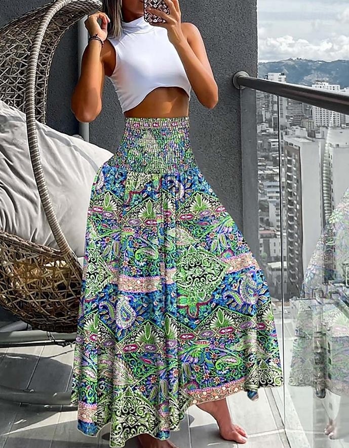Dames Rok Maxi Rok Bohemia Mode Strandkleding Casual Midi Hoge Taille Rokken Bloemen Paisley Micro-elastisch Vakantie Straat Grijs Groen Zwart Geel Lichtgroen Zomer Polyester 2025 - $19.99 –P2