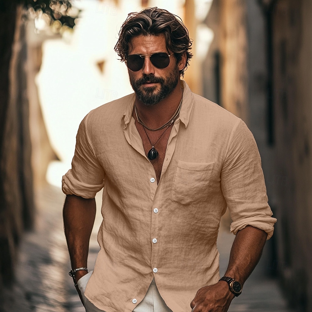 Per uomo Camicia Camicia di lino Camicia Estiva Camicia da Spiaggia Camicia con Bottoni Camicie sbottonate Semplice All'aperto Streetwear Nero Bianco Azzurro cielo Cachi Manica Lunga Collo ripiegato del 2025 a $21.99 –P3