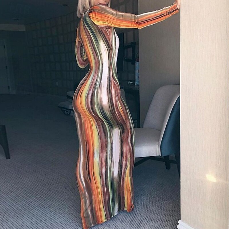 Per donna Abito Lungo Maxi Abito Vestito Casual Abito Boho Moda Moderno All'aperto Ferie Data Vestibilità regolare A righe Manica Lunga Scollo a V profondo Arancione Verde Grigio Estate Primavera del 2025 a $23.99 –P1