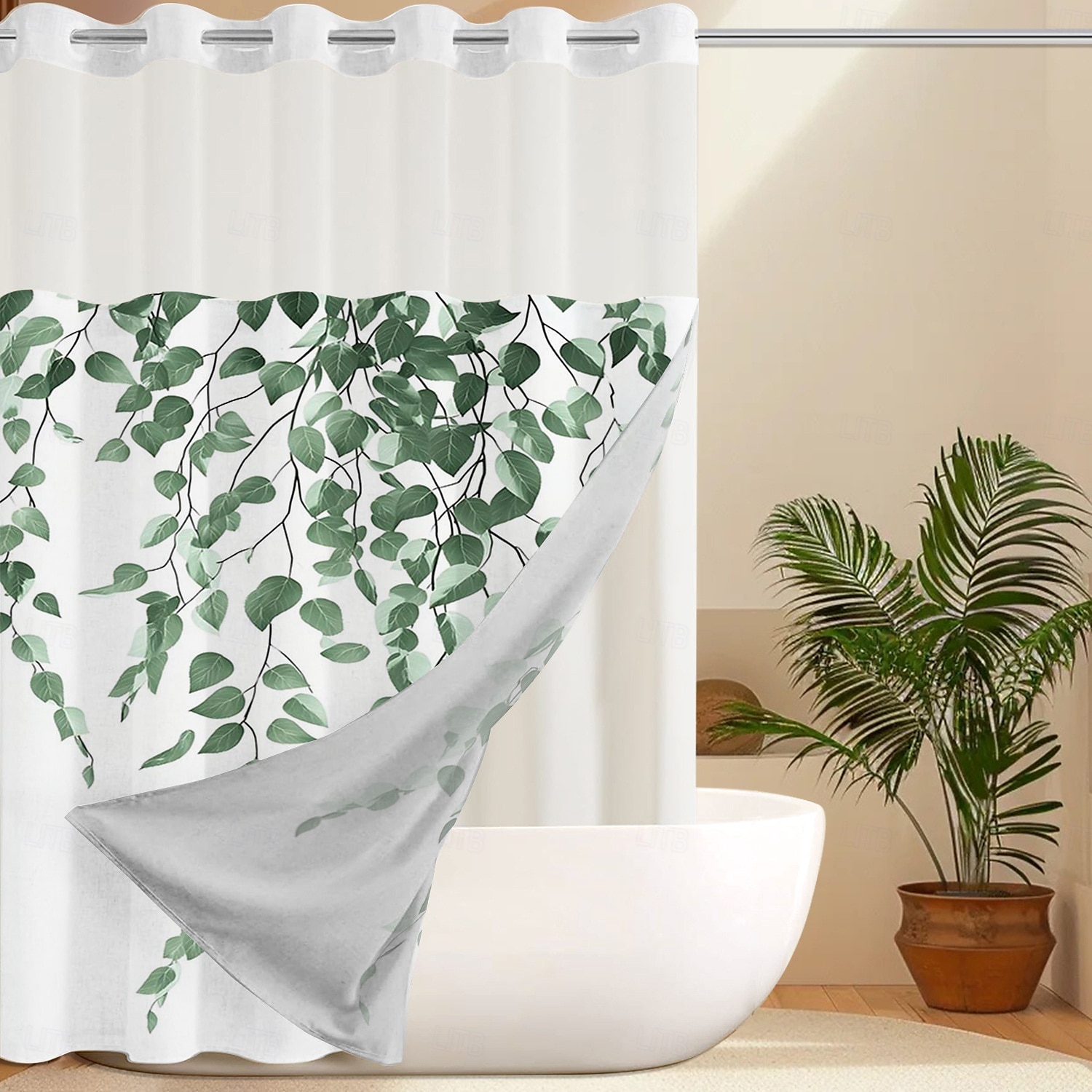 No Hook Shower Curtain 180cm*180cm(70"*70")with Snap-in Polyester Fabric Liner Sheer Top Window Waterproof Double Layer Bathtub Curtain Leaves Pattern 2025 - $41.99 –P8
