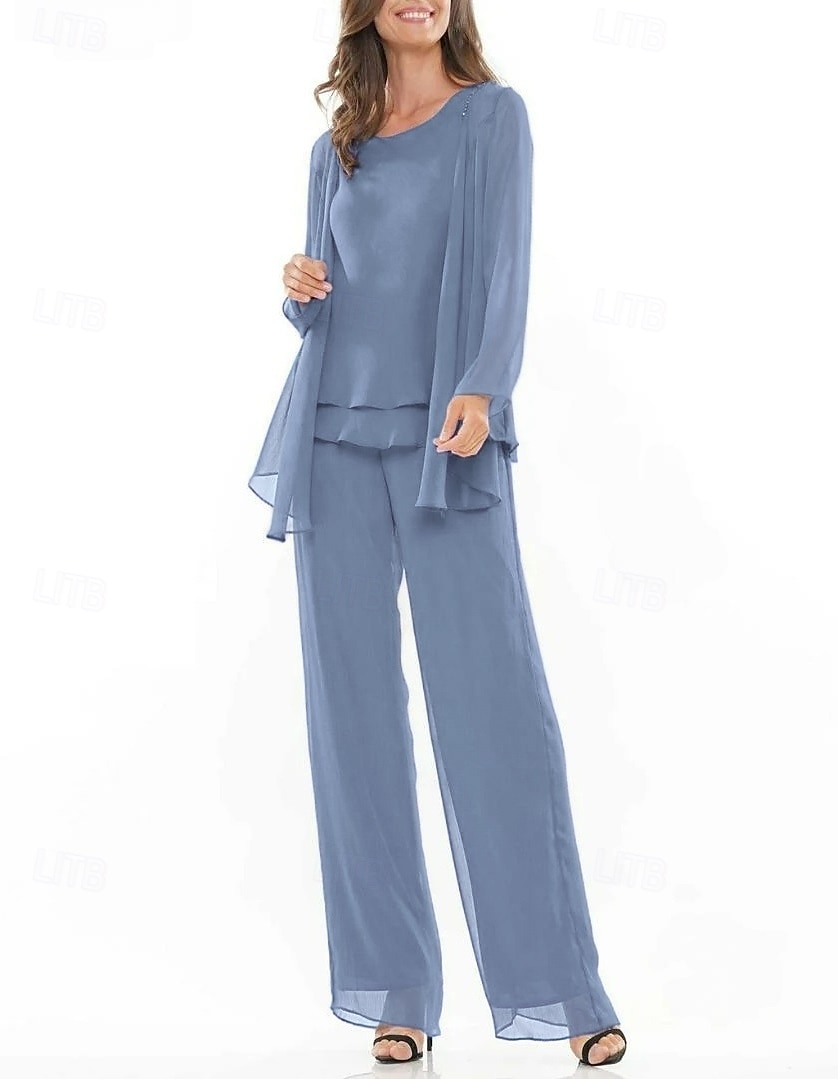Terno azul roxo com calça, vestido de mãe da noiva, 3 peças, elegante, gola redonda, comprimento até o chão, chiffon, manga comprida, incluso com bordado em renda 2025 de 2025 por $136.99 –P2
