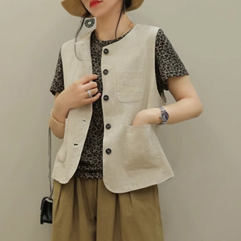 Femmes Chemises inspirées du lin Uni Actif Occasionnel Sans manches Col ras du cou Hauts Réguliers Quotidien Fête Sortir Boutons Avec Poches Noir Vert Abricot Été de 2025 ? $32.99 –P9
