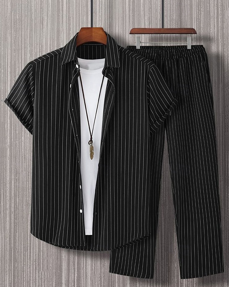 Men's Shirt Set T-shirt Suits 2 Pieces Outfits Tee & Shorts Short Sleeve Shirt Collar Summer Stripes Fashion Casual 2 Piece Vacation Daily Wear Going out Black Red Brown Top Tee for Men 2025 - $40.99 –P3