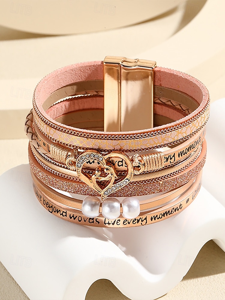 Pulseira magnética feminina de couro sintético – pingente de coração e pérola em liga com texto inspirador, presente de joia estilo boho para mãe, adequada para o dia das mães, aniversários e roupas casuais de 2026 por $9.99 –P3