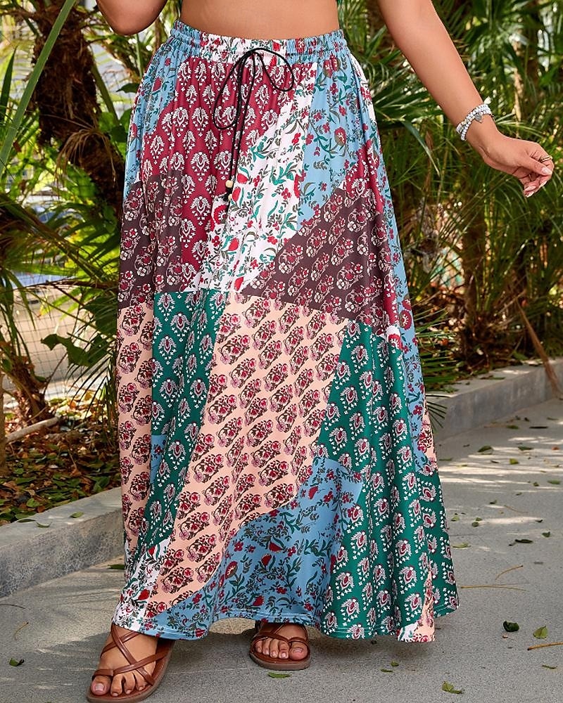 Damen Rock Lässig Boho Maxi Mittlere Hüfthöhe Röcke Blumen Druck Mikroelastisch Urlaub Straße Rote Blau Sommer Polyester 2025 - $22.56 –P2