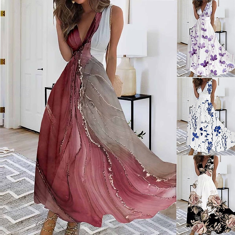 Femmes Robe Longue Maxi Robe Robe Décontractée Robe évasée Robe d'été Mode Moderne Quotidien Plage Week-end Coupe régulière A Ombre Fleuri Sans manches Col en V Noir Rouge Bleu Violet Été de 2025 ? $22.99 –P1