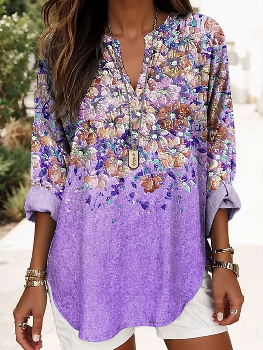 Blusa boho da donna floreale grafica elegante stilosa maniche lunghe collo a V top regolari quotidiani stampa blu viola verde estate primavera del 2025 a $24.99 –P2