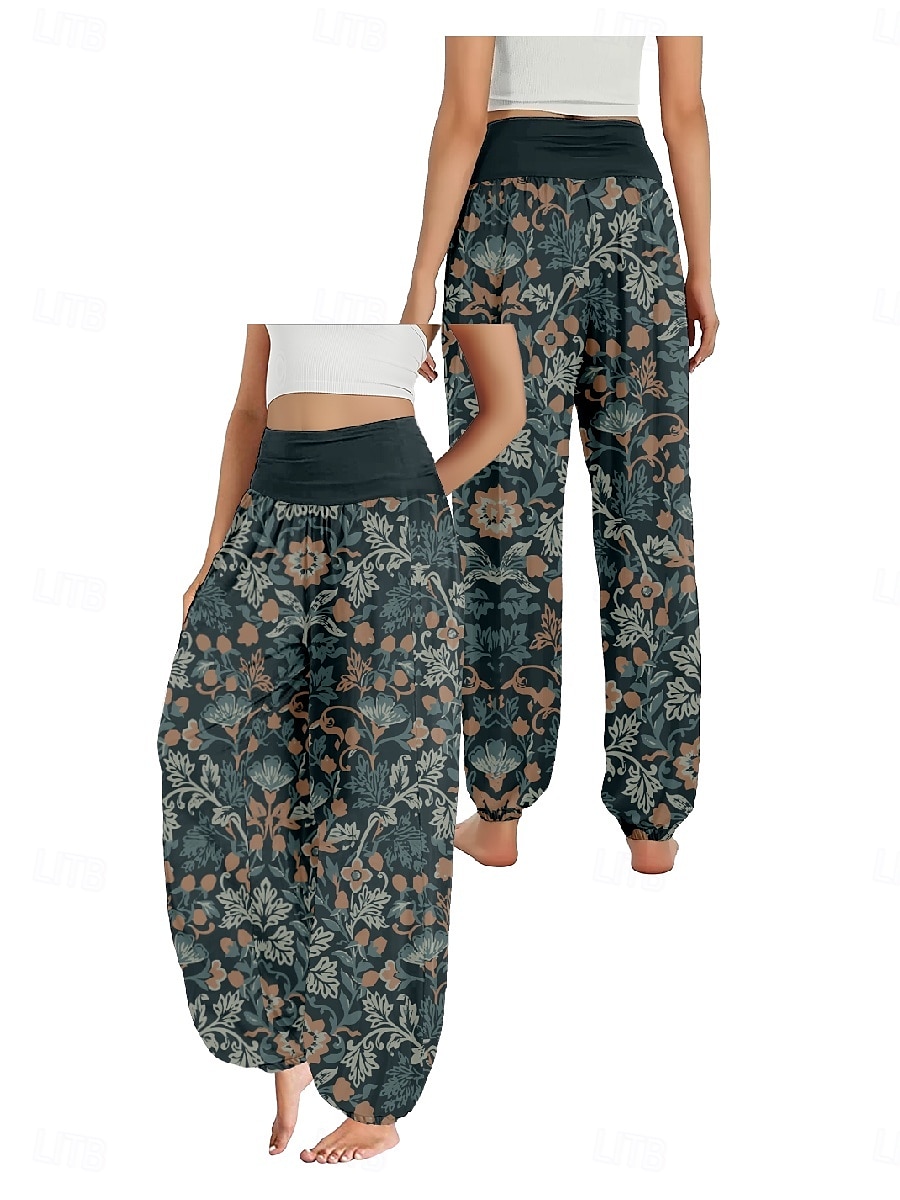 Dam Linneinspirerade byxor Brett skaft Byxor Etnisk Stil Ledigt Boho Fullängd Hög midja Blommig Löv Tropisk Ficka Elastisk midja Tryck Mateial som andas Mjuk Microelastisk Utomhus Yoga Svart Mörklila 2025 - $21.99 –P12