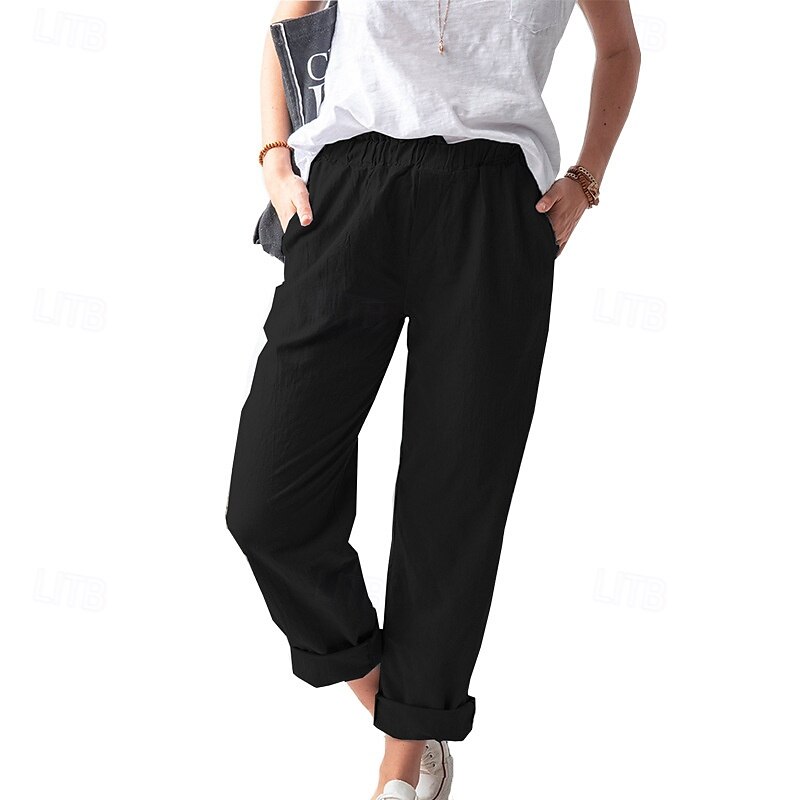 Per donna Pantaloni in cotone e lino Pantaloni Eleganti Casual Lunghezza intera Naturale Semplice Tasca Elastico in vita All'aperto Confortevole Streetwear Uscire Magenta azzurro cielo Grigio Nero del 2025 a $24.99 –P3