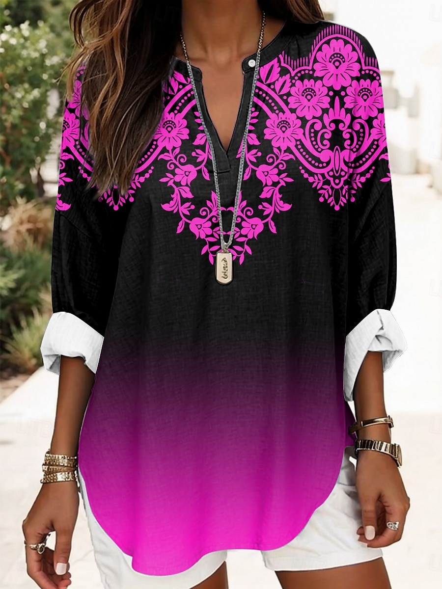 Női Boho Blúz Ombre Grafikai Geometrikus Elegáns Mindennapi Hosszú Ujjú V Nyak Normál Felsők Mindennapi Mintás Fehér Piros Kék Lila Nyár Tavasz 2025 - $24.99 –P1