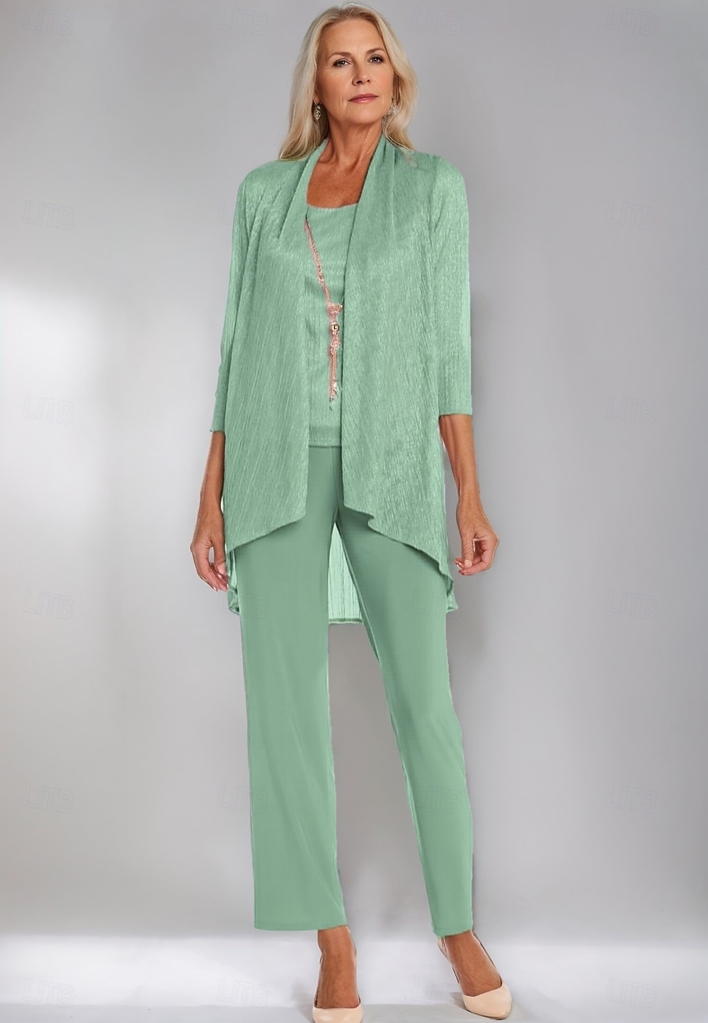 Completo pantalone 3 pezzi per la madre della sposa, elegante, con scollo rotondo, lunghezza pavimento, in chiffon, maniche lunghe, con volant a cascata in pizzo, arricciato, 2025 del 2025 a $148.99 –P3