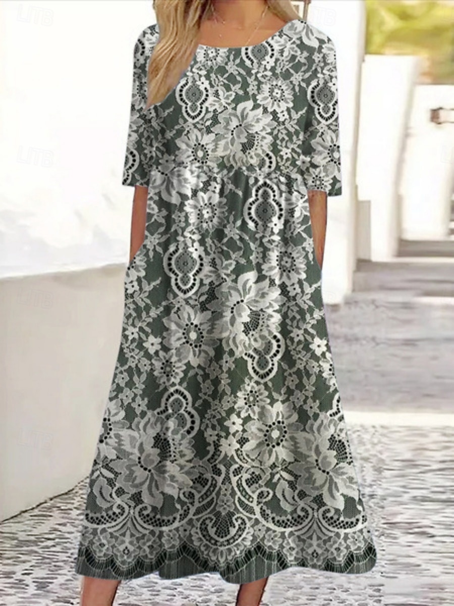 Femmes Robe Midi Robe Décontractée Robe de patinage Robe d'été Mode Moderne Quotidien Week-end Robe d'Automne Coupe régulière Fleuri Demi Manches Col en V bleu marine Marron Vert Automne de 2025 ? $21.99 –P2