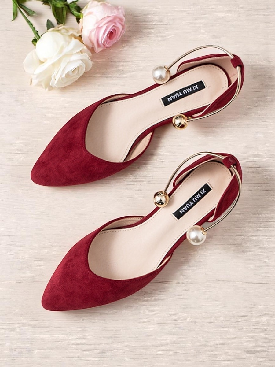 Women's Burgundy Pointed Toe Flats – Suede Shoes with Pearl Anklet Strap for Elegant Daytime Dates 2026 - $46.99 –P1