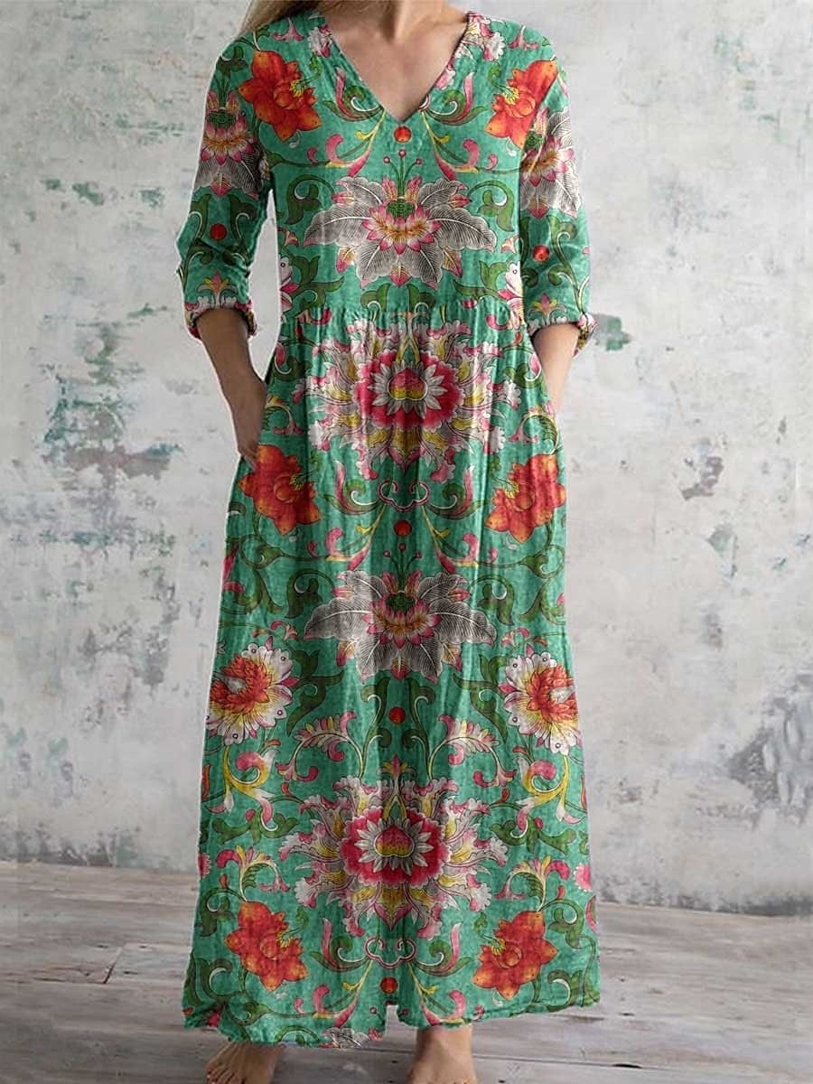 Damen Langes Kleid Maxikleid Freizeitkleid Sommerkleid Boho-Kleid Mode Urlaub Täglich Wochenende Normale Passform Blumen Langarm V Ausschnitt wasserblau Blau Dunkelgrün Braun Sommer 2025 - $22.99 –P2