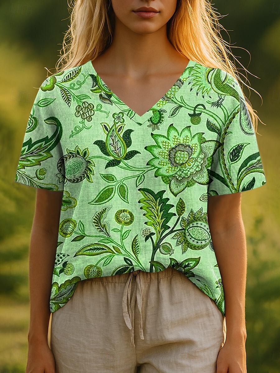 Femmes T-shirt Fleuri Graphique Plantes Bohème Élégant Occasionnel Manche Courte Col en V Hauts Réguliers Quotidien Imprimé Jaune Bleu Violet Vert Été Printemps de 2025 ? $19.99 –P6