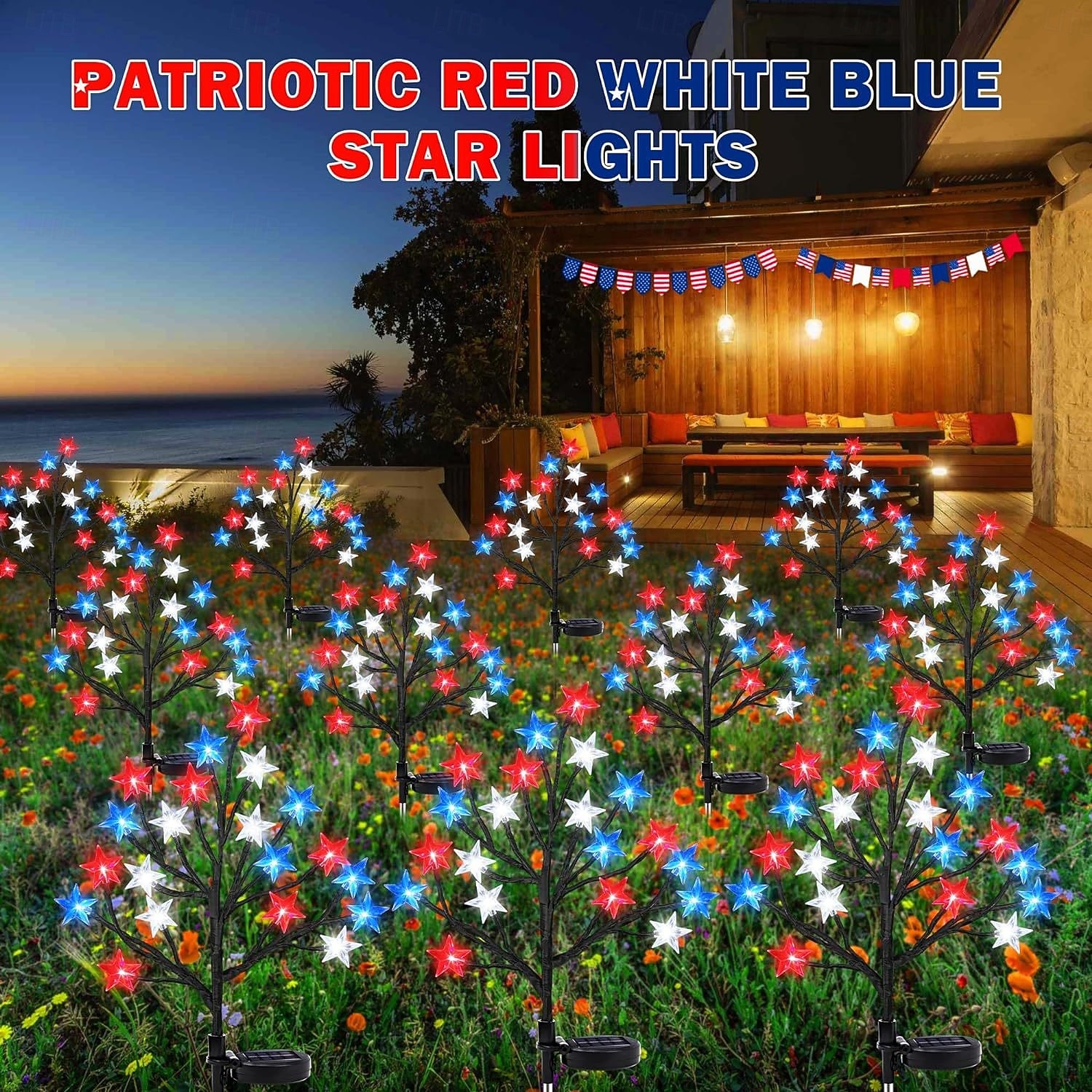 1 шт. патриотичных уличных водонепроницаемых солнечных ламп для Дня независимости 4 июля 250-й юбилей День памяти красный белый синий пентаграмма наземный свет декор для сада 2026 - $16.49 –P11