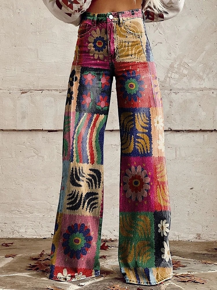 Retro Cikánský 70. léta Kalhoty Široké legované kalhoty Hippie Disko Vysoký pas Květinový Styl falešných džínů Dámské předvečer Všech svatých Karneval hudební festival Pride Parade Retro tematick 2025 - $35.99 –P1
