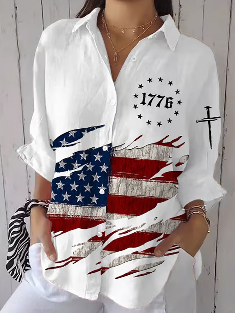 Ziua Independenței Grafic Steag Purtător de Drepturi Femei Patriotic Vintage Elegant Casual Topuri Regulate Zilnic Alb Roșu Albastru Primăvară 2026 - $36.99 –P1