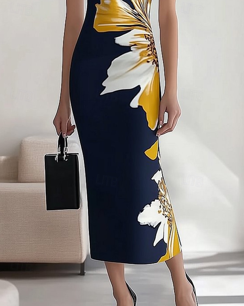 Per donna Abito Midi Abito Floreale Abito Stampato Elegante Moda All'aperto Vacanza Ferie Vestibilità regolare Fiore Senza Maniche Scollo a V Blu marino Estate del 2025 a $24.99 –P3