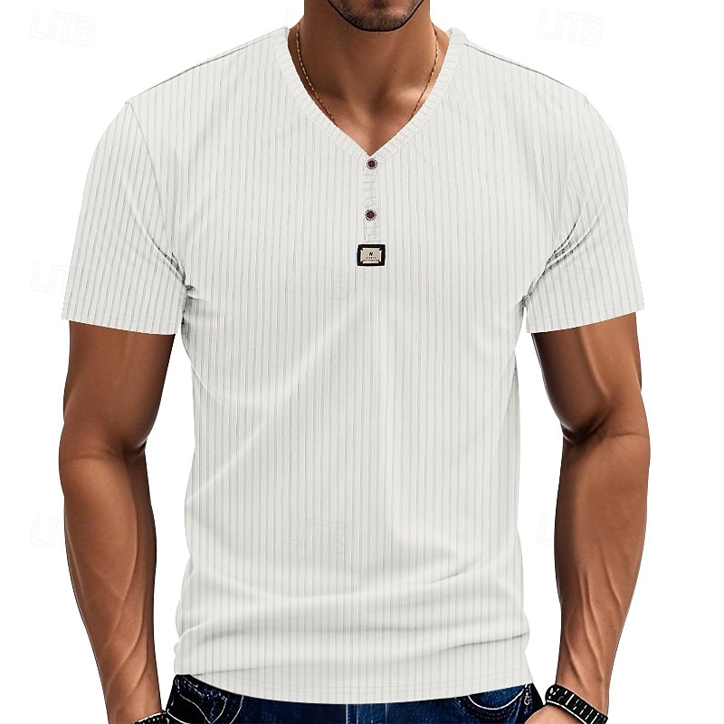 Men's T Shirt Henley Shirt Tee Short Sleeve Shirt Short Sleeve V Neck Summer Plain Fashion Designer Basic Jacquard Vacation Street Going out Black White Khaki Top Tee for Men 2025 - $16.49 –P17