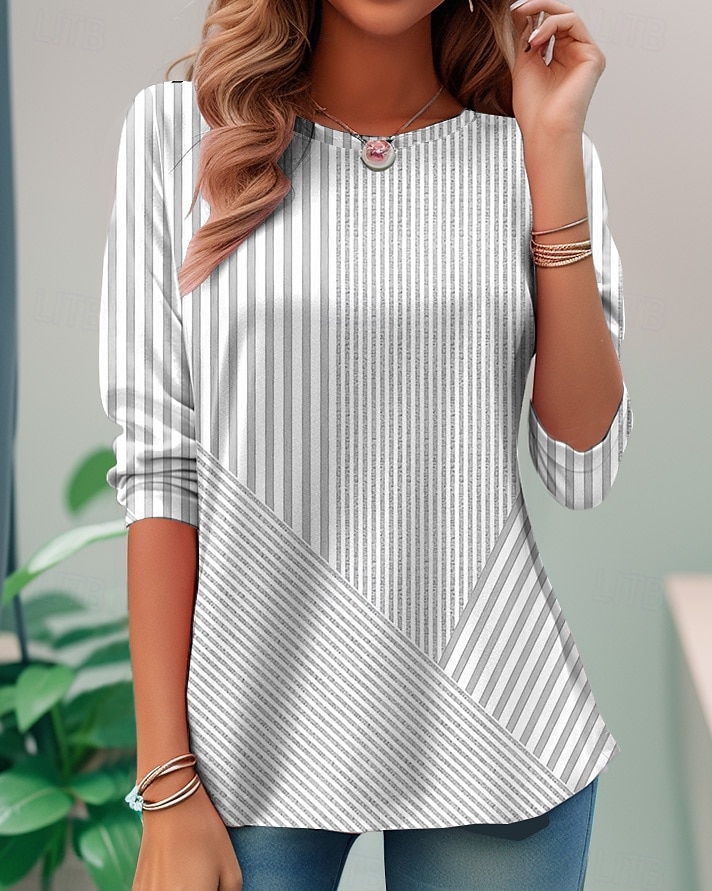 Femmes T-shirt Graphique Géométrique Rayé Élégant ancien Mode manche longue Col ras du cou Hauts Réguliers Quotidien Sortir Week-end Imprimé Rose Claire Bleu Violet Orange Vert Été Printemps de 2025 ? $23.99 –P7