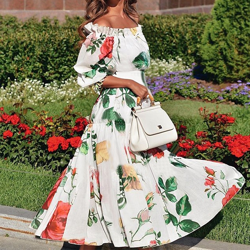 Damskie Długa sukienka sukienka maxi Sukienka koktajlowa Sukienka z nadrukiem Moda Nowoczesny Na zewnątrz Urlop Herbaciane przyjęcie Regularny Kwiat Krótki rękaw Z odsłoniętymi ramionami Biały Lato 2025 - $31.99 –P3