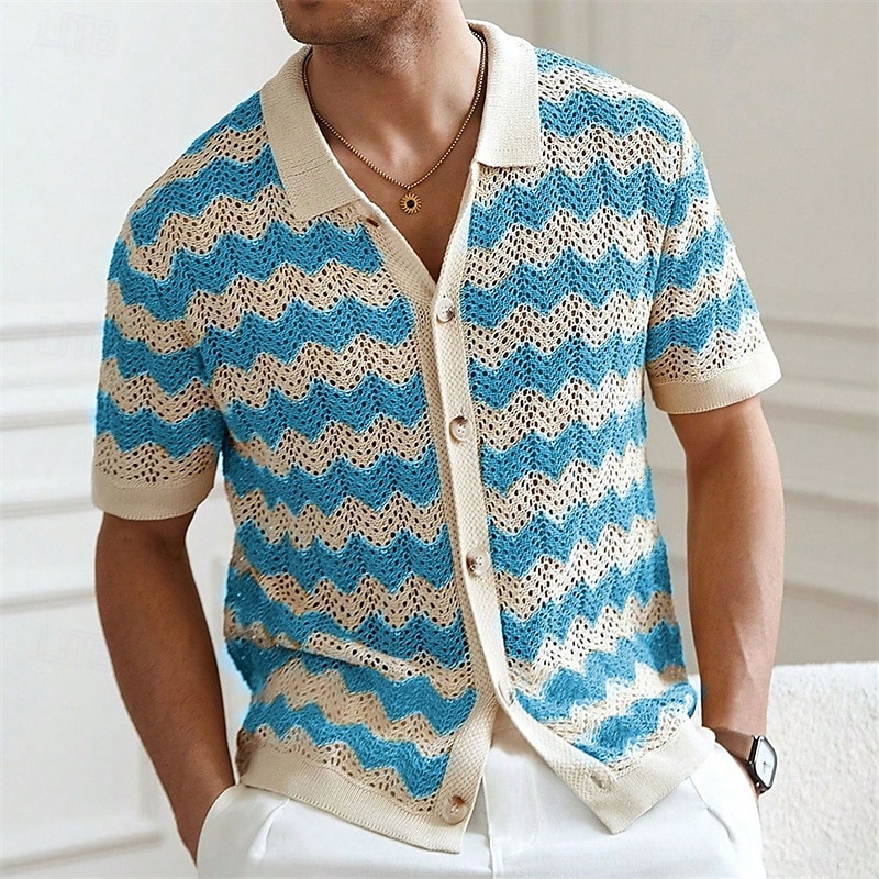 Férfi Button Up Polos Golfing Hétköznapi Sport Hajtóka Rövid ujjú Divat Alap Vonalak / hullámok Gombok Nyár Sárga Kék Barna Button Up Polos 2025 - €26.36 –P1