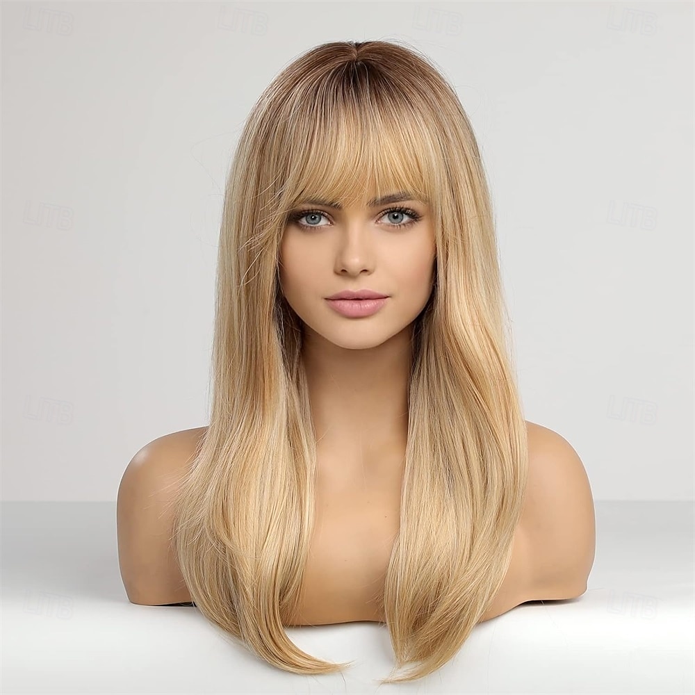 lange blonde pruiken voor vrouwen rechte pruiken met pony synthetisch gelaagd haar pruik met donkere wortels 2025 - $27.99 –P2